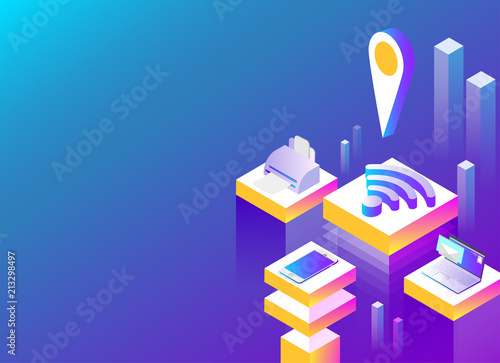 Online service and mobile apps. Abstract blue isometric background.