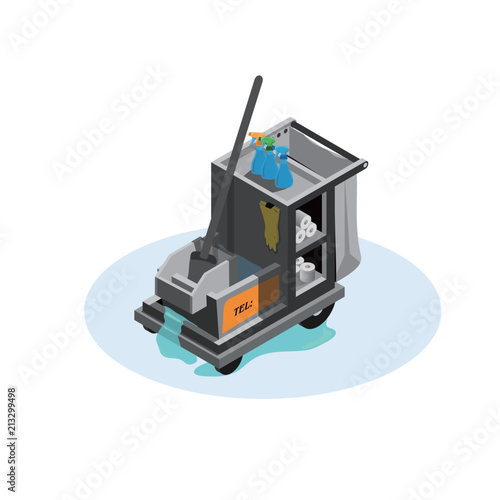 Vcector Isometric Cleaning Cart ,Room cleaning,Cleaning Cart Vector. Classic Trolley Cleaning Service Cart.
