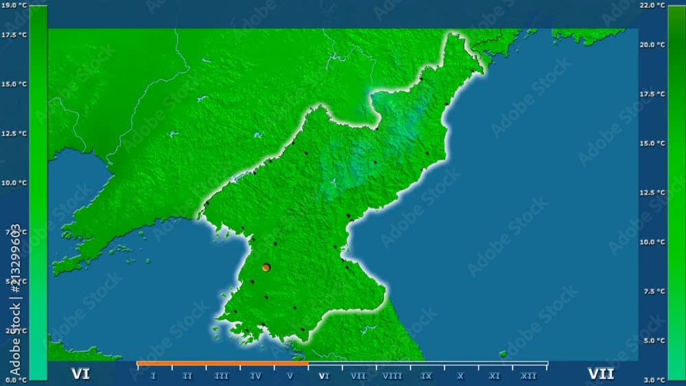 Minimum temperature by month in the North Korea area with animated legend - glowing shape, administrative borders, main cities, capital. Stereographic projection Minimum temperature by month in the North Korea area with animated legend - glowing shape, administrative borders, main cities, capital. Stereographic projection