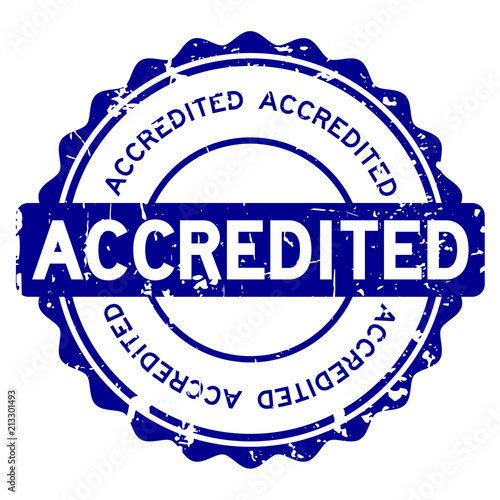 Grunge blue accredited round rubber seal stamp on white background