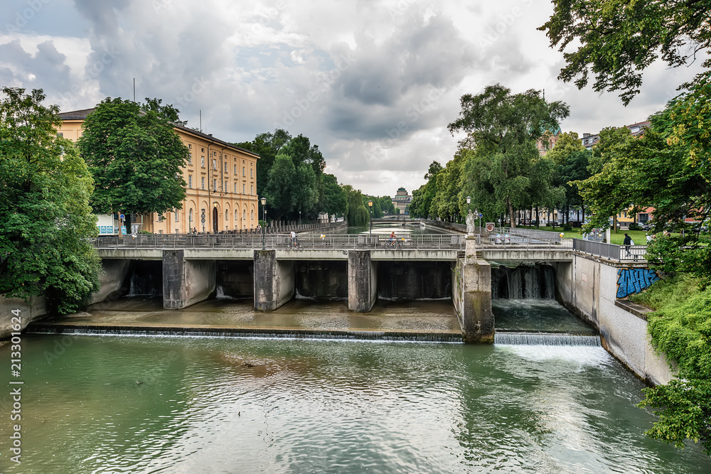 Munich, Germany June 09, 2018: Embankment of river Isar, Munich, Germany.