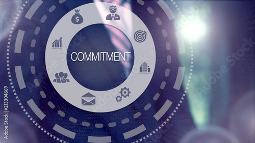 A businessman's hand selecting a Commitment concept button on a futuristic computer screen.