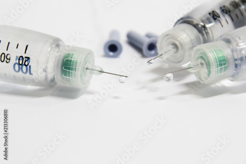 Needle with a drop for insulin injection on white background,close up