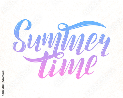 Vector illustration of gradient blue and lilac summer time text for greeting card print on t-shirt invitation poster store gift banner template. Summer time lettering on white background with texture.