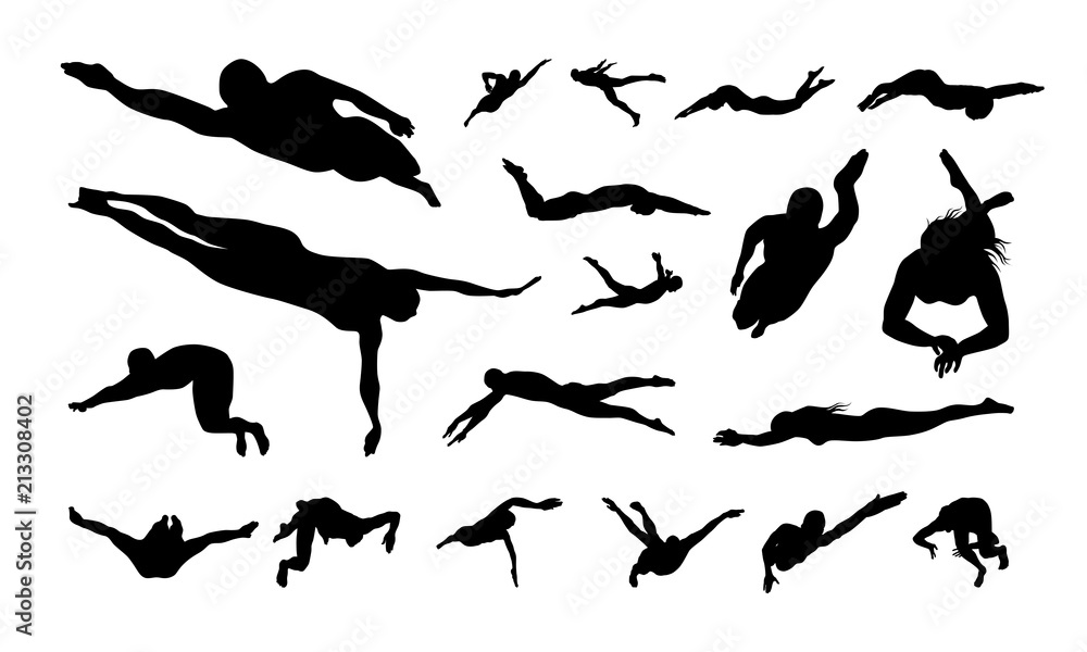 Set of Swimming Sport Silhouette vector illustration - obrazy, fototapety, plakaty 