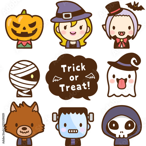 ハロウィンのかわいいモンスター　トリックオアトリート　顔　アイコン　セット