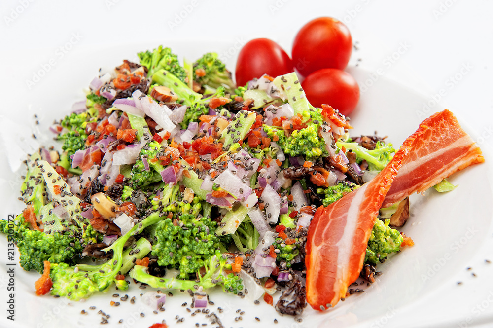 Fresh crispy bacon, salad with different vegetables and chia Fresh crispy bacon, salad with different vegetables and chia