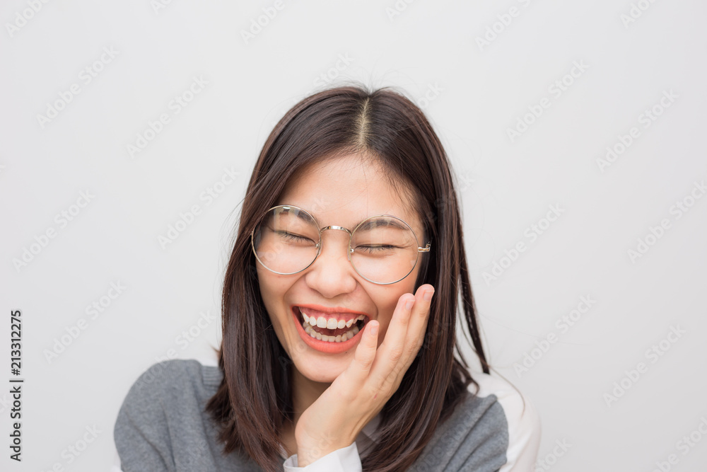 Laughing of asian beautiful positive thinking women with short hair Laughing of asian beautiful positive thinking women with short hair
