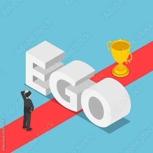 Isometric businessmen was obstructed by the ego wall to find a way to success