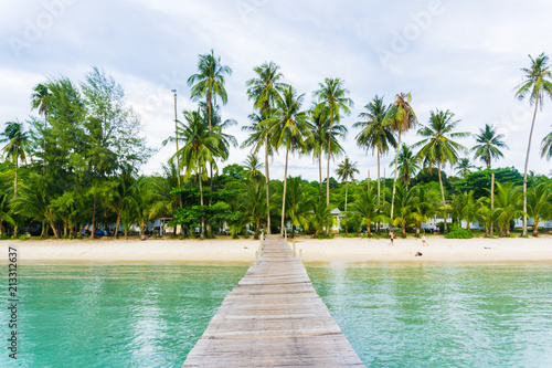 Nature landscape wooden bridge to sea coconut beach