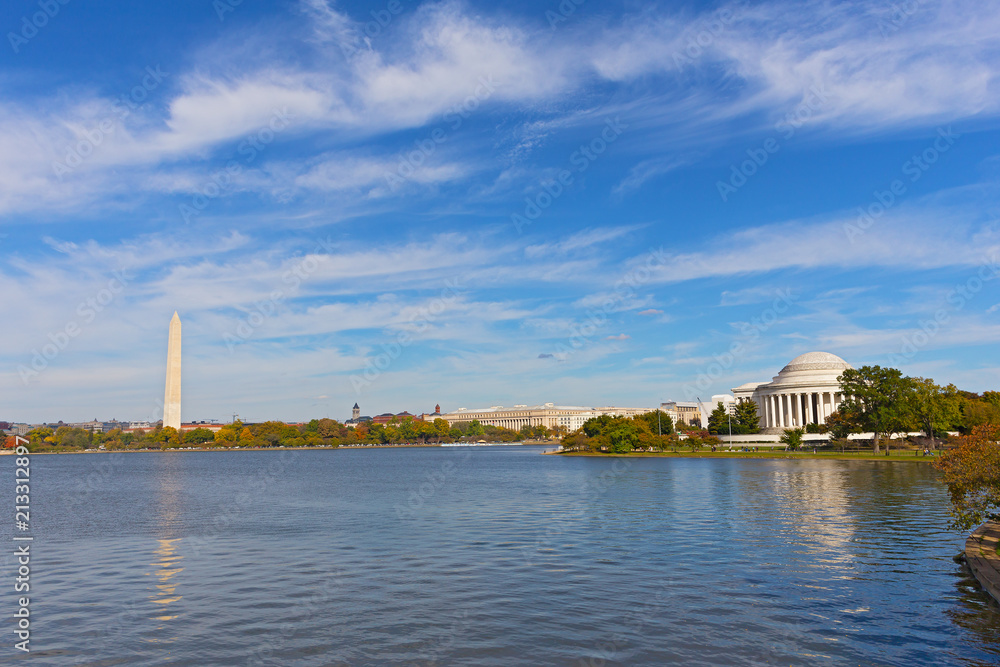 Washington DC panorama in autumn with Thomas Jefferson Memorial and Washington Monument. The Tidal Basin landscape in fall under high cloudy skies.