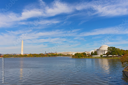 Washington DC panorama in autumn with Thomas Jefferson Memorial and Washington Monument. The Tidal Basin landscape in fall under high cloudy skies. © avmedved