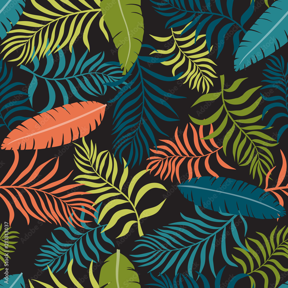 Tropical background with palm leaves. Seamless floral pattern. Summer vector illustration