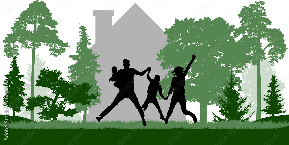 Happy family jumps near the house among trees. Vector Happy family jumps near the house among trees. Vector