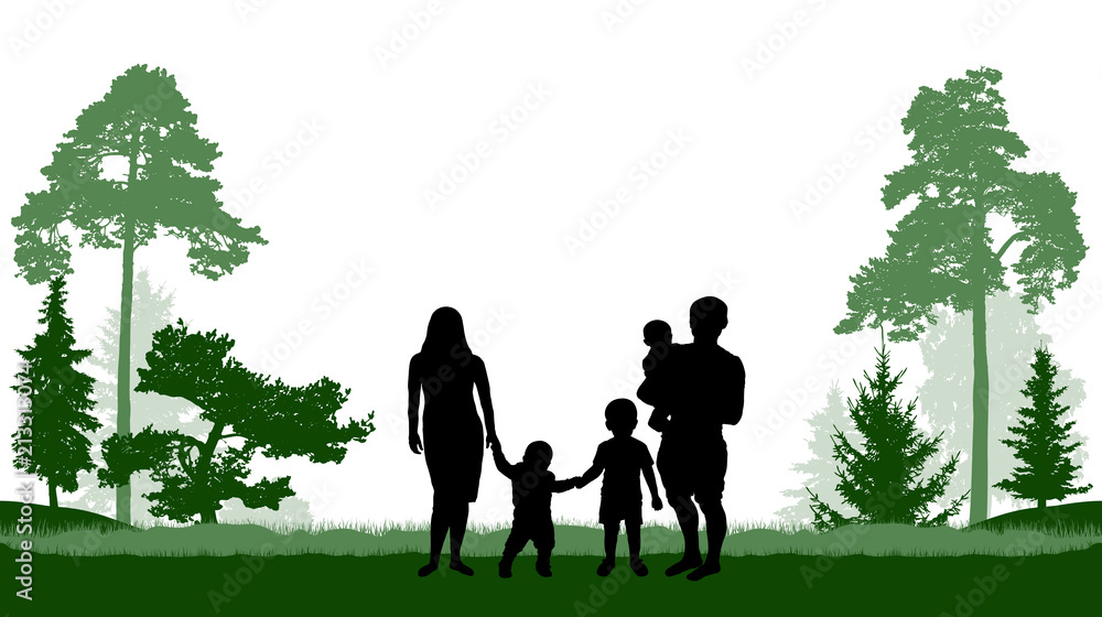 Large family (man, woman and three children) walks in the park (forest). Vector Large family (man, woman and three children) walks in the park (forest). Vector