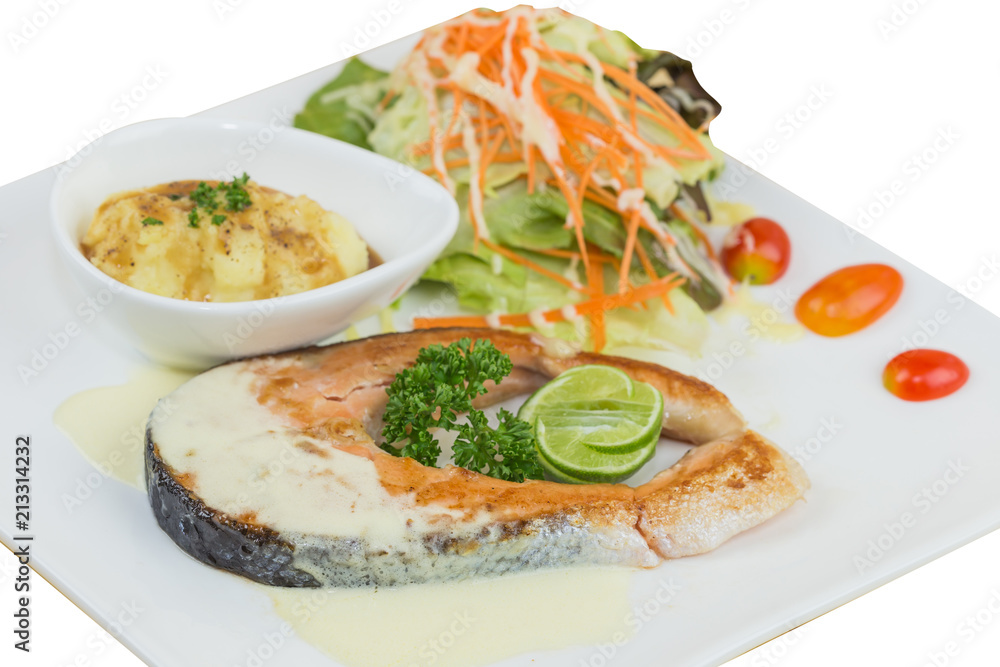 grilled salmon steak with mash potato and vegetable salad grilled salmon steak with mash potato and vegetable salad