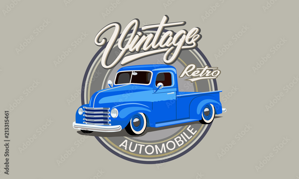 vintage blue car on the label with the labels and letters.