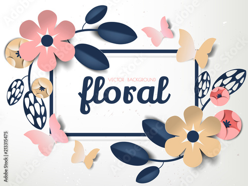 Flowers and leaves with butterflies flat lay on light gray background with blue frame, paper art/paper cutting style
