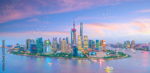 View of downtown Shanghai skyline at twilight