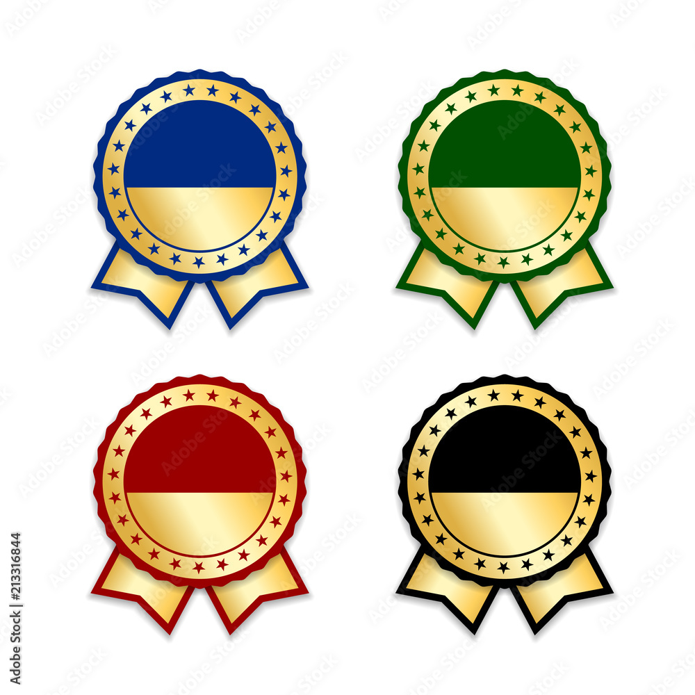 Award ribbons isolated set. Gold design medal, label, badge, certificate. Symbol best sale, price, quality, guarantee or success, achievement. Golden ribbon award decoration. Vector illustration Award ribbons isolated set. Gold design medal, label, badge, certificate. Symbol best sale, price, quality, guarantee or success, achievement. Golden ribbon award decoration. Vector illustration