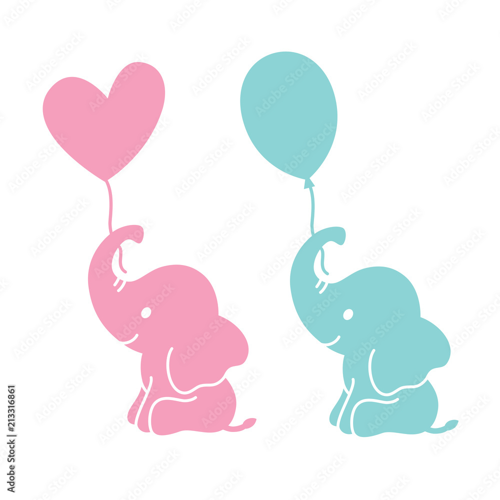 Naklejka premium Słonie słodkie dziecko trzymając kształt serca i owalne balony sylwetka wektor ilustracja.