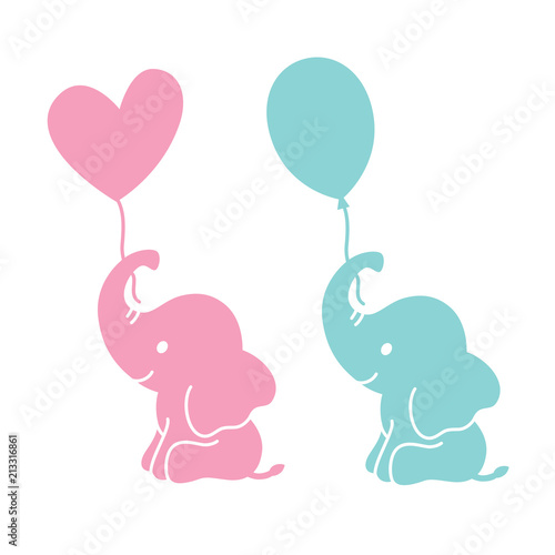 Cute baby elephants holding heart shape and oval balloons silhouette vector illustration.