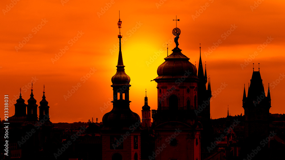 czech republic, prague - spires of the old town and tyn church at sunrise czech republic, prague - spires of the old town and tyn church at sunrise