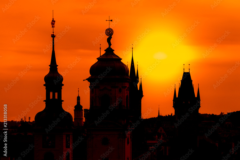 czech republic, prague - spires of the old town and tyn church at sunrise