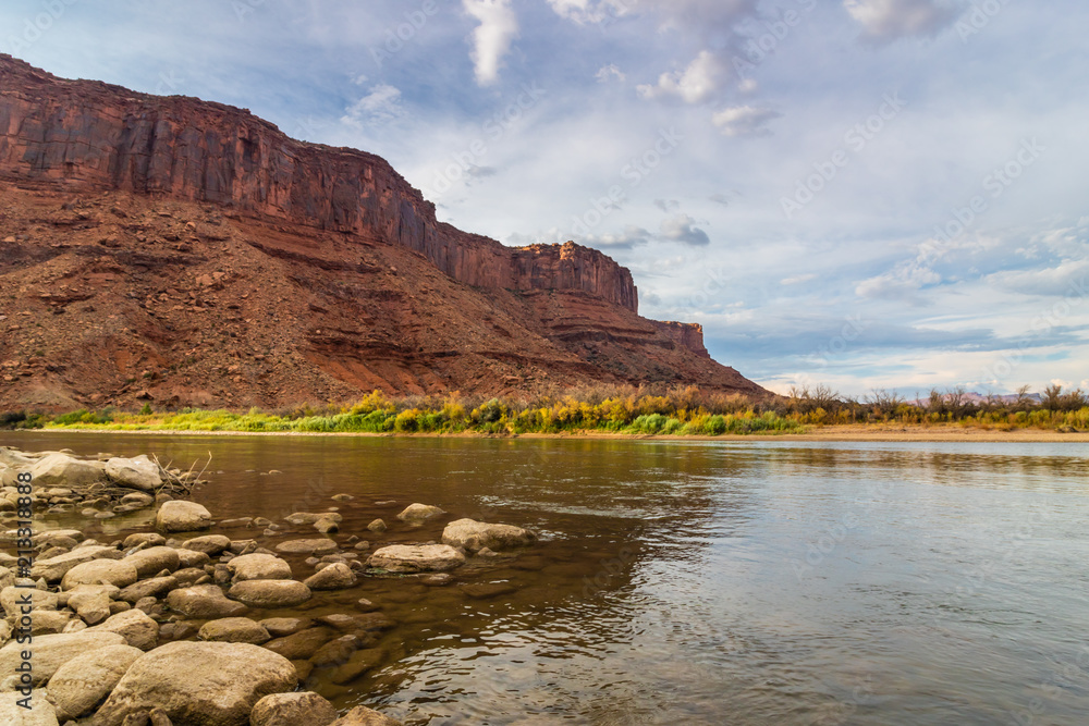 Colorado river flowing between beautiful mesas in Moab, Utah