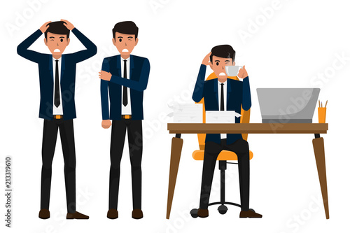 business man that have office syndrome and sickness. businessman fever, headache, fatigue. business character health concept vector illustration.