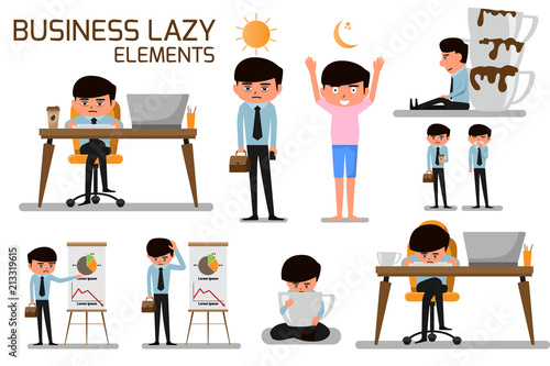 Business man lazy and need more of coffee and addiction. business cartoon character lazy and tired. vector illustration.