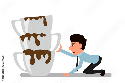 Cartoon businessman drink coffee because of drowsiness and need more big coffee cup. (suffer from severe dysentery), Coffee addiction. vector illustration.