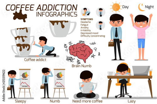 Suffer from severe dysentery. Coffee addiction elements infographics. business man need more coffee, vector illustration.
