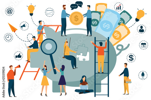 Creative illustration of business, rise career to success, Finance opportunity concept with business man and woman, pig bank and money save. business concept character vector illustration.