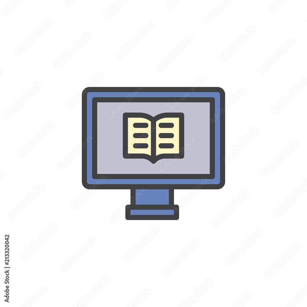 Computer with a book filled outline icon, line vector sign, linear colorful pictogram isolated on white. Online reading symbol, logo illustration. Pixel perfect vector graphics Computer with a book filled outline icon, line vector sign, linear colorful pictogram isolated on white. Online reading symbol, logo illustration. Pixel perfect vector graphics