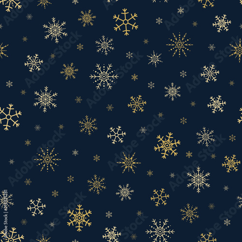 Seamless pattern of golden snowflakes on dark background. Gold s