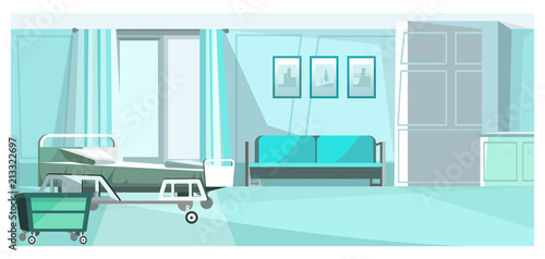 Hospital room with bed on wheels vector illustration. Blue private room un clinic with comfortable sofa, pictures on wall and dresser. Patients room illustration