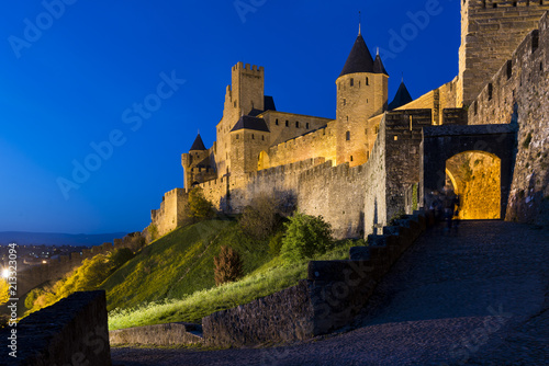 Die altstadt von Carcassonne in frankreich beleuchtet bei nacht