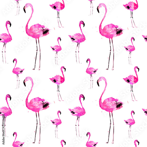Hand Drawn Illustration With Flamingo. Exotic Summer Beach Motif. Swimwear Design, Wrapping, Background, Wallpaper, Fabric. Hawaiian Print. Jungle Birds Repeated Ornament. Aloha. Boho. Africa. © Feliche _Vero