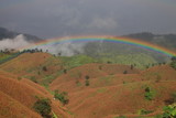rainbow over the hill. atmosphere of landscape after the rainstorm.