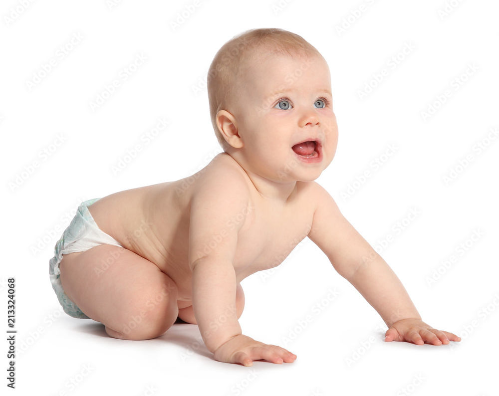 Cute little baby crawling on white background Cute little baby crawling on white background