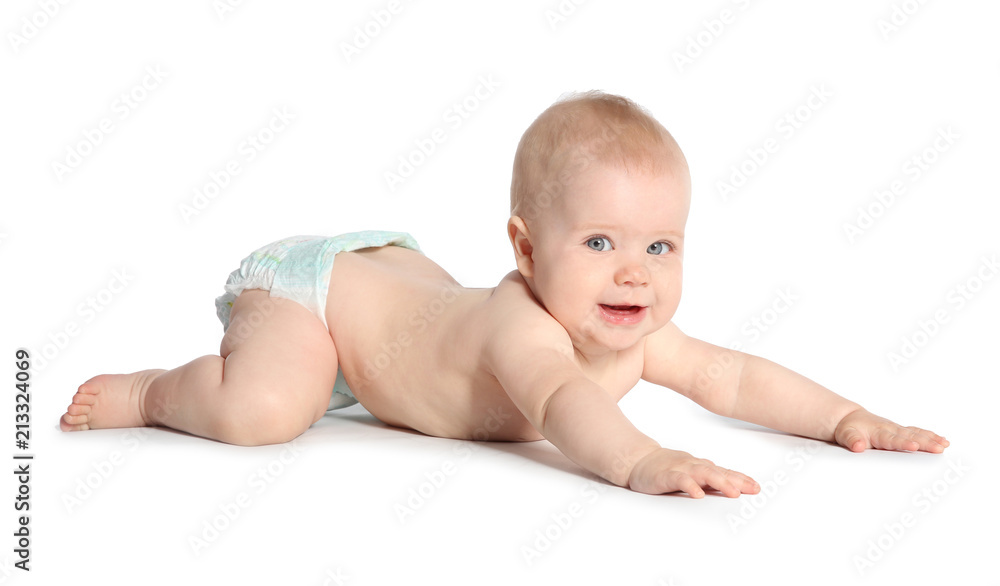 Cute little baby crawling on white background Cute little baby crawling on white background