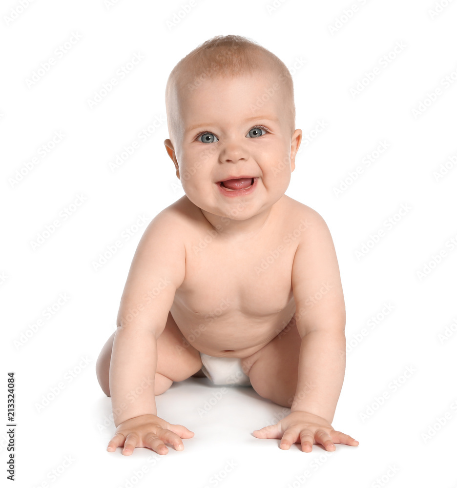 Cute little baby crawling on white background Cute little baby crawling on white background