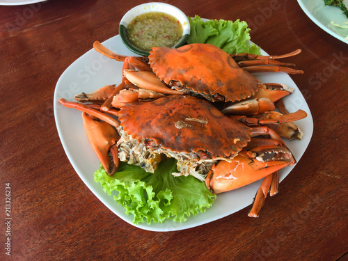 Stream egg crab with spicy sauce on dish