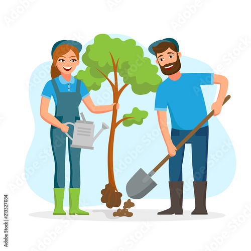Couple of gardeners, farmers planting tree in the park vector flat illusration isolated on white background. Young cheerful people working in garden.