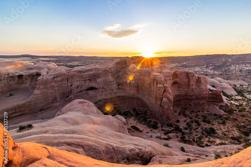 Sunrise over beautiful rock formations in Arches National Park, Utah