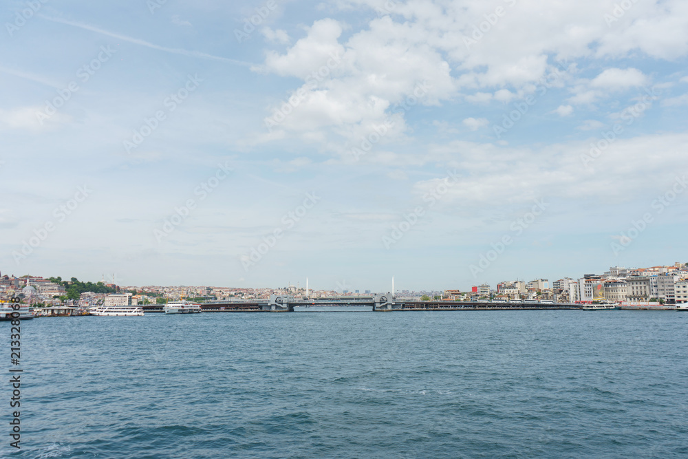 Panoramic view of the Galata pedestrian bridge from the Bosphorus Strait.