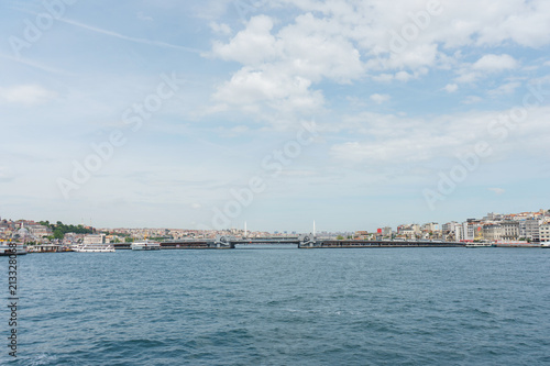 Panoramic view of the Galata pedestrian bridge from the Bosphorus Strait. © Evgenii Starkov