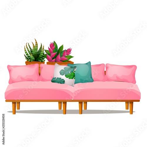 Pink color sofa with pillows and potted flowers isolated on white background. Vector cartoon close-up illustration.