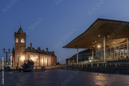 Welsh national assembly hall and pier head building in Cardiff Bay, at sunrise